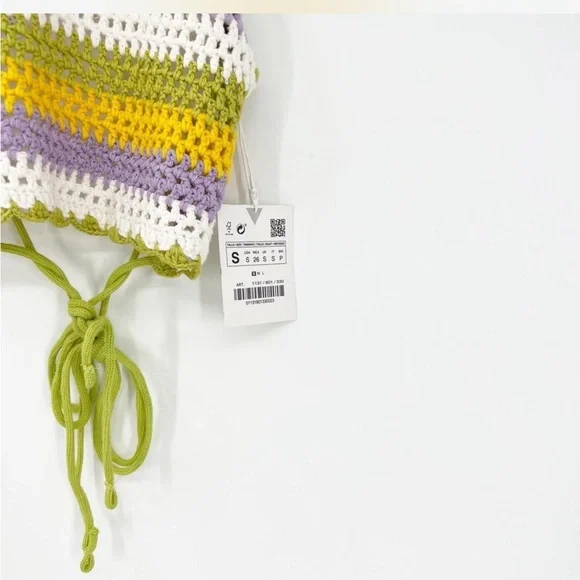 Zara Crochet Striped Tie Back Halter Crop Top Small NEW - Picture 4 of 4